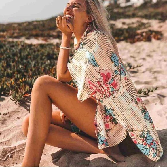 CUPSHE OS Oversized Collared Button Front Stripe Floral Swim Coverup Shirt - Picture 2 of 12